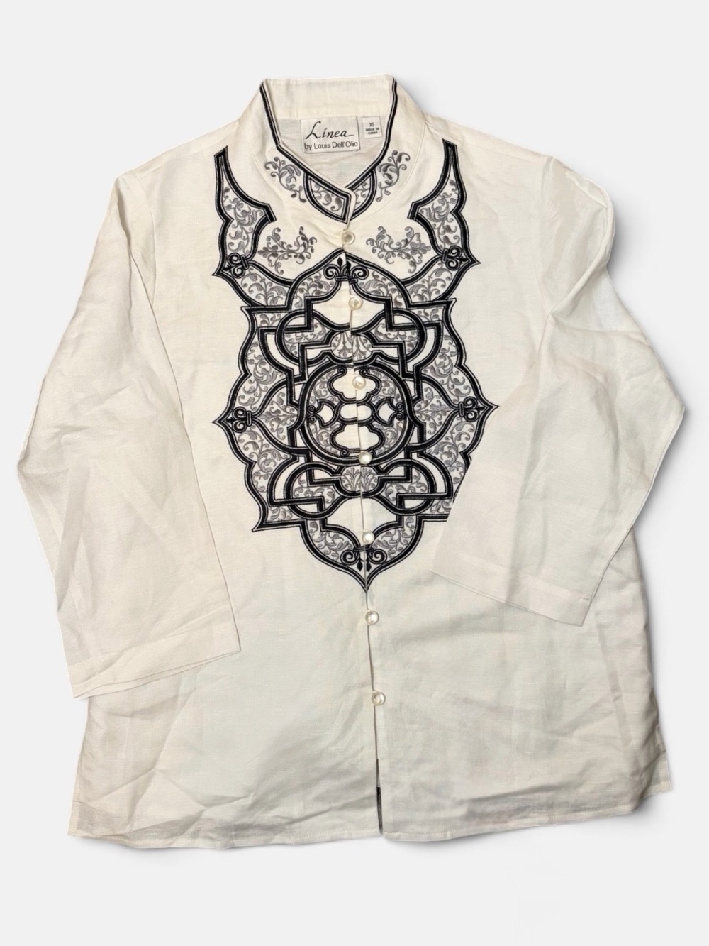 Linea Louis Dell’Olio XS Linen Blend Embroidered White Tunic Blouse